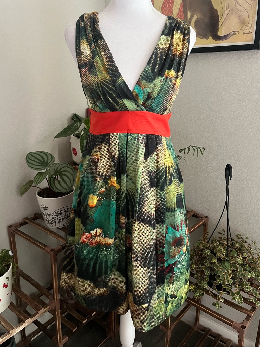 Eva Franco Anthropologie Oroya Cactus Green Floral Plant Print Dress